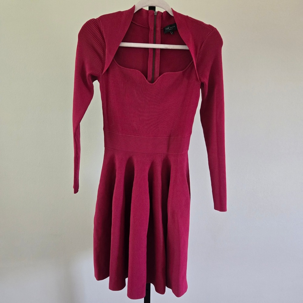 Ted Baker Viennia Ribbed Knit Skater Dress Pink Cutout Long Sleeve 1 XS Romantic